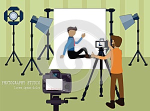 Photography studio`s owner,cartoon concept,Photographer is taking photo the model - vector