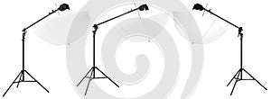 Photography studio speedlight on boom with stand and umbrella isolated on white