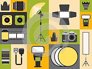 Photography supply icons in colorful collage, vector illustration. Set of flat style stickers, professional photo