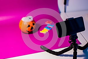 Photography of a table with halloween objects prepared to be photographed