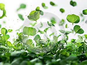 photography of WATERCRESS falling from the sky, hyperpop colour scheme. glossy, white background Fresh organic photo