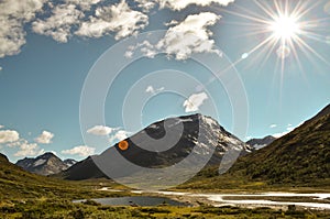Wild river in the Jotunheimen National Park in Norway with mountain Styggehoe - way to the Spiterstulen settlement photo