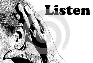 Photography of woman ear making listening gesture with her hand with word Listen