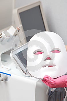 photon mask. Health and beauty. Cosmetic procedure for woman face. Beauty laboratory. LED Facial Mask, Photon Therapy