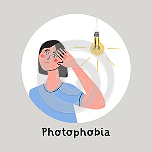 Photophobia, light sensitivity or migraine concept. Woman protects her eyes from bright light with your hands. Flat photo