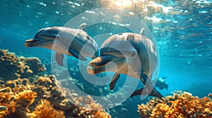 A photophone of the underwater world, where playful dolphins pave the way through pure waters, cre