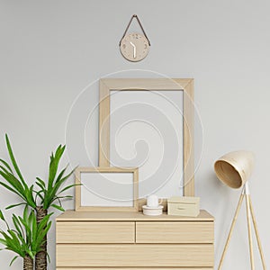 Photoreal 3d render of cozy home interior 3d illustration of two a1 and a3 blank poster mockup with light wood frame sitting photo