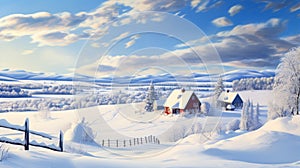 Photoreal Winter Landscape: Farm With Red Roof Against Icy Blue Sky