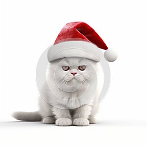 Photorealistic 3d Rendering Of A Pensive White Cat With Santa Hat