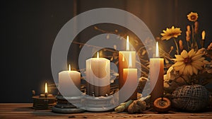 photorealistic, all saints\' day background, sober, candles, soft tones, all Saints Day or All Souls\' Day.