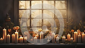 photorealistic, all saints\' day background, sober, candles, soft tones, all Saints Day or All Souls\' Day