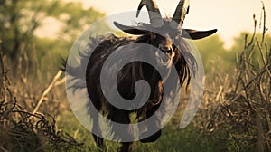 Photorealistic Art: A Stunning Portrait Of A Black Goat Running Through Tall Grass