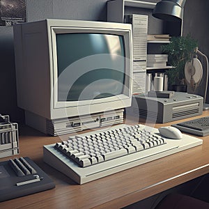 photorealistic computer, Old vintage office, Generative Ai