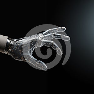 photorealistic cyborg robot hand on a black background fingers biomaterials signs