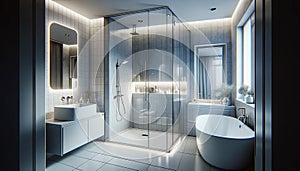 A photorealistic depiction of a modern, stylish bathroom in a home setting. The bathroom features a shower cabin with a