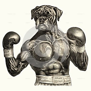 Photorealistic Engraving Of A Boxing Dog In Comic Art Style