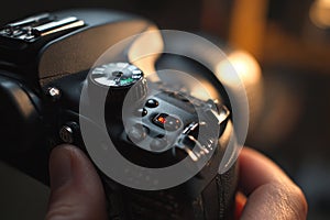 First-Person View Adjusting DSLR Camera Settings in Soft Studio Light