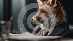 Photorealistic Fox in Blazer Analyzing Documents at Boardroom Table