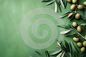 Photorealistic green olives, olive leaves, and branches lying on a green background. Top view. Ai generated