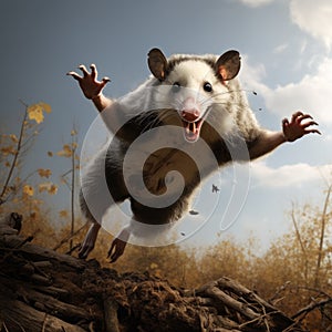 Photorealistic Ground-level View Of Opossum In Dynamic Pose