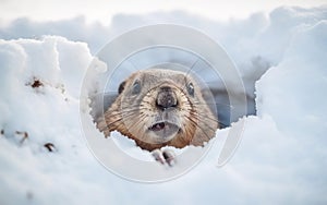 Photorealistic groundhog comes out of a snowy hole after hibernation surrounded by white snow. AI Generative
