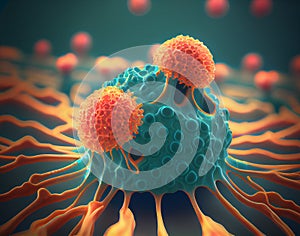 A photorealistic illustration depicting T-cells in action, targeting and attacking cancer cells, generative ai