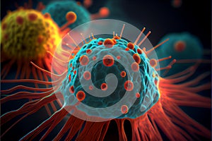 A photorealistic illustration depicting T-cells in action, targeting and attacking cancer cells, generative ai