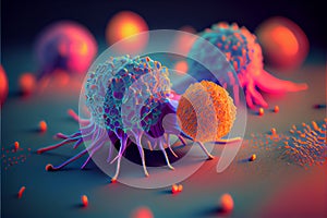 A photorealistic illustration depicting T-cells in action, targeting and attacking cancer cells, generative ai