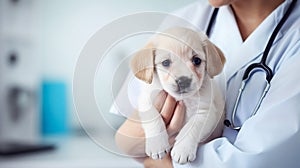 Photorealistic illustration, hand drawn, stockphoto, copy space, Veterinary examining a puppy. Healthcare illustration