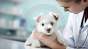 Photorealistic illustration, hand drawn, stockphoto, copy space, Veterinary examining a puppy. Healthcare illustration