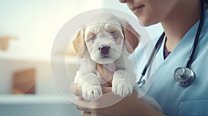 Photorealistic illustration, hand drawn, stockphoto, copy space, Veterinary examining a puppy. Healthcare illustration