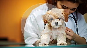 Photorealistic illustration, hand drawn, stockphoto, copy space, Veterinary examining a puppy. Healthcare illustration