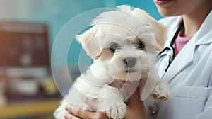 Photorealistic illustration, hand drawn, stockphoto, copy space, Veterinary examining a puppy. Healthcare illustration