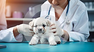 Photorealistic illustration, hand drawn, stockphoto, copy space, Veterinary examining a puppy. Healthcare illustration