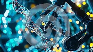 Photorealistic image of an advanced robot arm in a laboratory conducting delicate DNA sequencing for genetic research photo