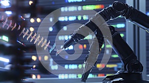 Photorealistic image of an advanced robot arm in a laboratory conducting delicate DNA sequencing for genetic research photo