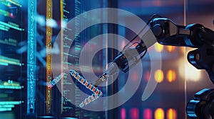 Photorealistic image of an advanced robot arm in a laboratory conducting delicate DNA sequencing for genetic research photo