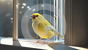 Photorealistic image of a canary chirping by window light