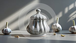 Photorealistic image of a ceramic garlic keeper on a white background