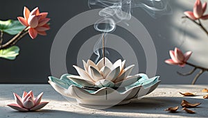 Photorealistic image of a ceramic incense holder in a modern studio setting