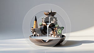 Photorealistic image of a ceramic incense holder in a modern studio setting