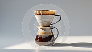 Photorealistic image of a ceramic pour-over coffee stand with base and funnel on a white background