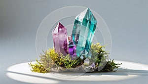 Photorealistic image of a colorful crystal with moss on a white background
