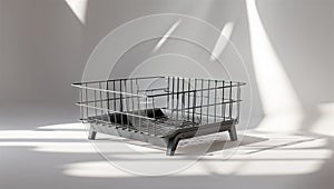 Photorealistic image of a compact dish drying rack on a white background