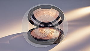 Photorealistic image of a compact powder on a bamboo tray