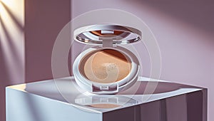 Photorealistic image of a compact powder on a bamboo tray