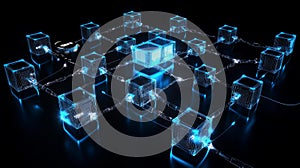 Photorealistic image of a complex blockchain network model visualized on a 3D hologram, showing data flow between nodes