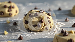 Photorealistic image of a cookie dough on floured surface