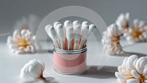 Photorealistic image of a cotton swabs in round case on a white background