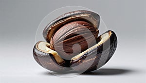 Photorealistic image of a dark nut opened on a white background